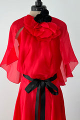 1979 Givenchy Red Organza Caped Dress