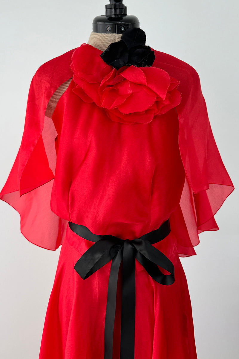 1979 Givenchy Red Organza Caped Dress
