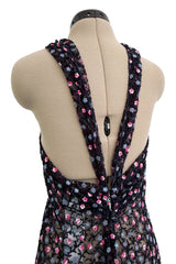 Sheer Fall 2024 Giorgio Armani Sample Deep Blue Net Dress w Embroidered Cotton Pink & Blue Flowers