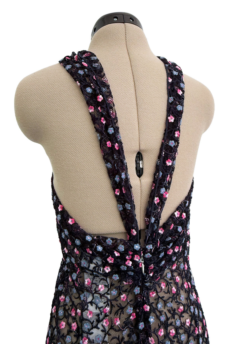Sheer Fall 2024 Giorgio Armani Sample Deep Blue Net Dress w Embroidered Cotton Pink & Blue Flowers