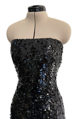 Fantastic 1980s Bob Mackie Strapless Glossy Black Sequin Stretch Dress w Back Kick Skirt