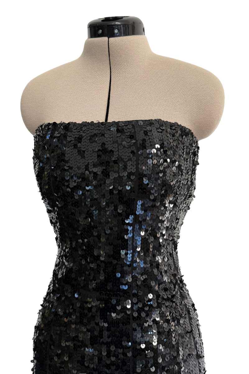 Fantastic 1980s Bob Mackie Strapless Glossy Black Sequin Stretch Dress w Back Kick Skirt