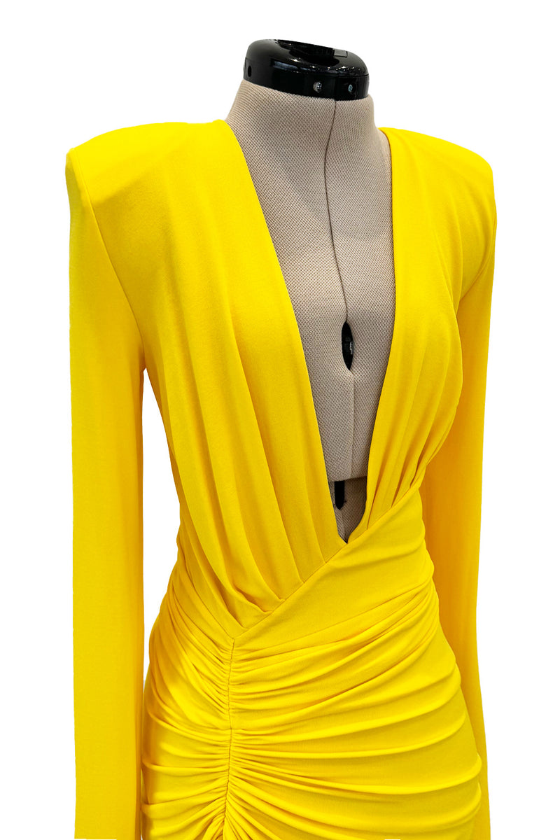 Gorgeous Spring 2020 Alexandre Vauthier Yellow Silk Jersey Dress w Plunge & High Front Slit