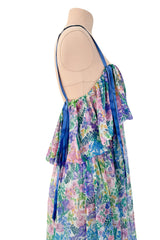 Spectacular Spring 1978 Christian Dior by Marc Bohan Blue Floral Silk Chiffon Dress w Ribbon Straps