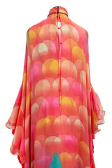 Hanae Mori Couture Fall 1973 Runway Pastel Coral Bird Print Silk Chiffon Ruffled Caftan Dress