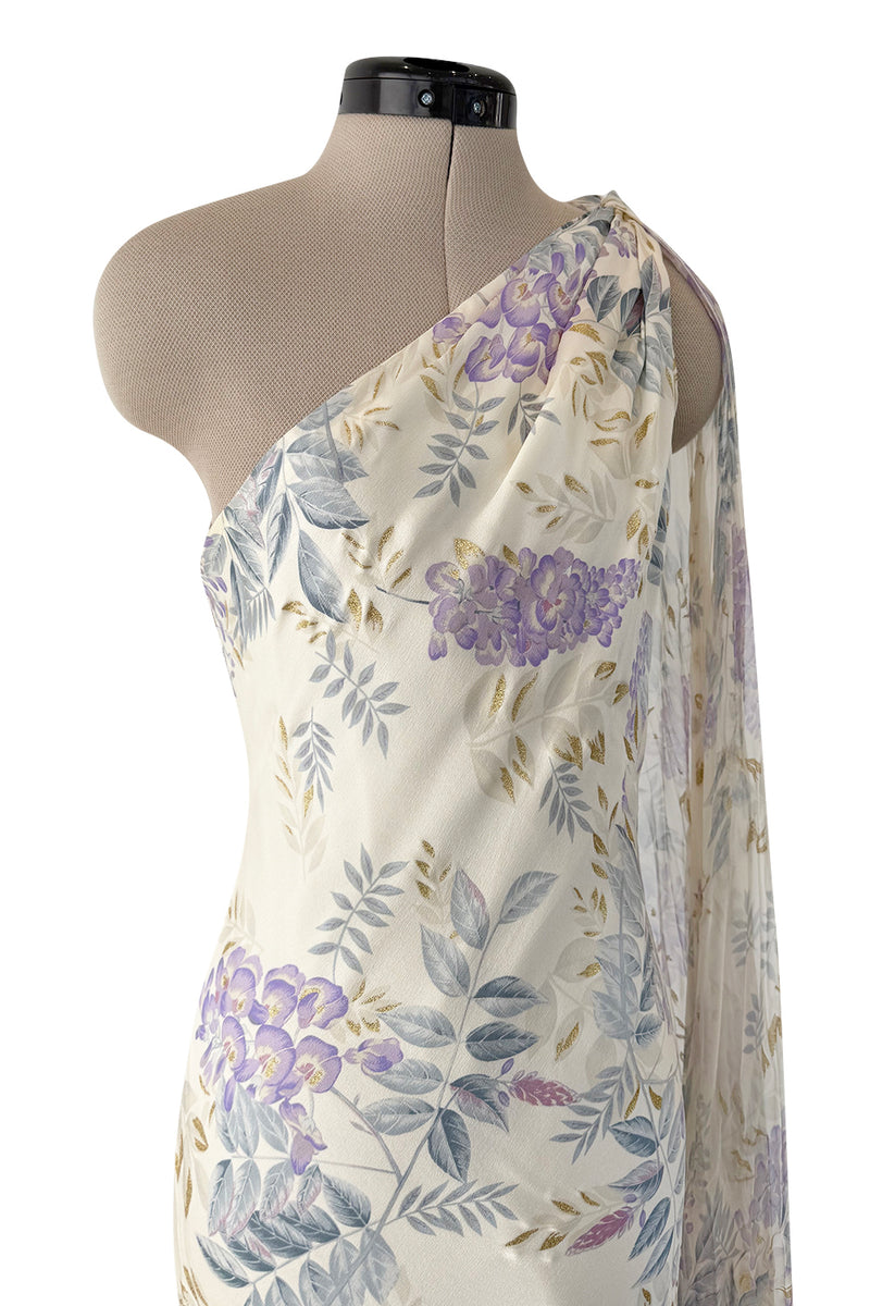 Gorgeous Fall 2003 Ungaro by Giambattista Valli One Shoulder Printed Silk Chiffon Dress w Trailing Panel