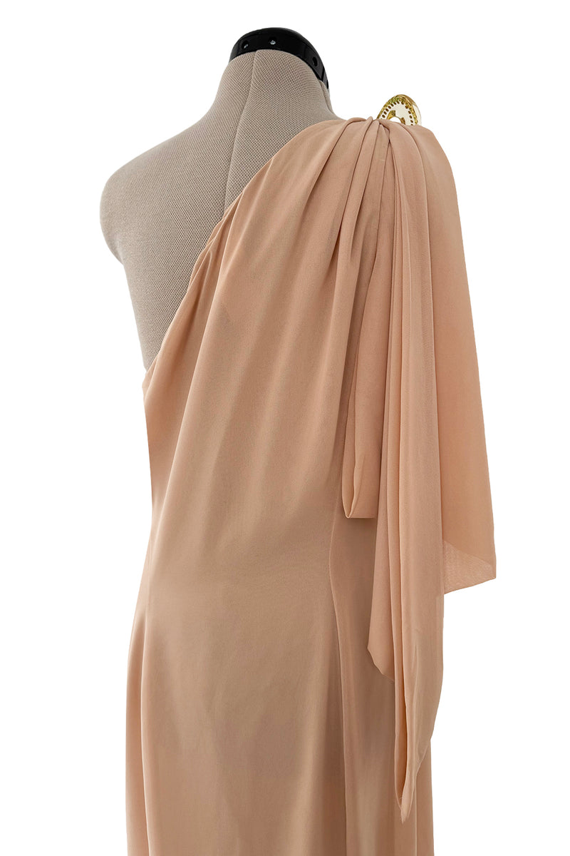 Spectacular Spring 2000 Thierry Mugler Runway Nude Chiffon One Shoulder Dress w Acrylic Detail
