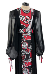 Extraordinary 1969 Thea Porter Black Silk Chiffon Dress w Red Print & Huge Balloon Sleeves