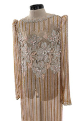 Gorgeous 1980s Unlabeled Fernando Pena Metallic Gold Thread & Pink Bead Sequin & Net Dress