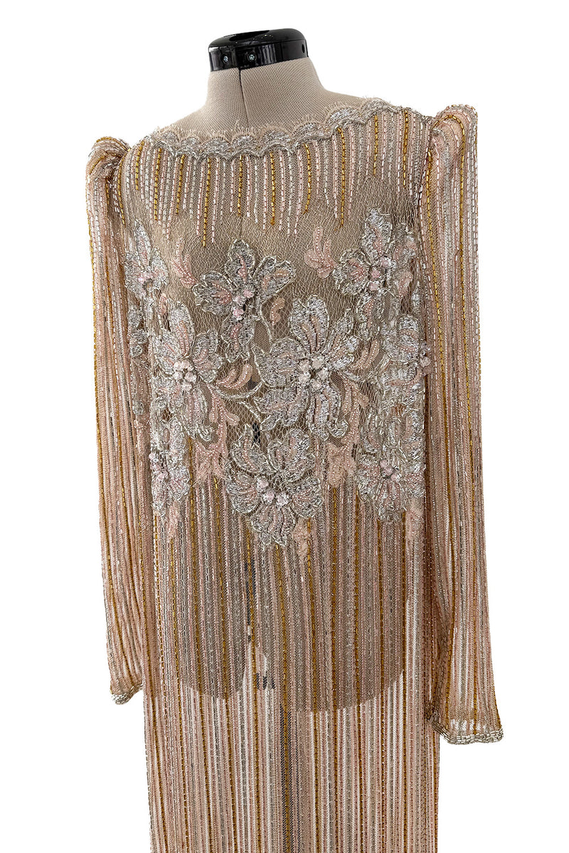Gorgeous 1980s Unlabeled Fernando Pena Metallic Gold Thread & Pink Bead Sequin & Net Dress