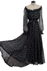 Prettiest 1970s Louis Feraud Black Chiffon Ruffled Dress w Multi Coloured Embroidered Dots