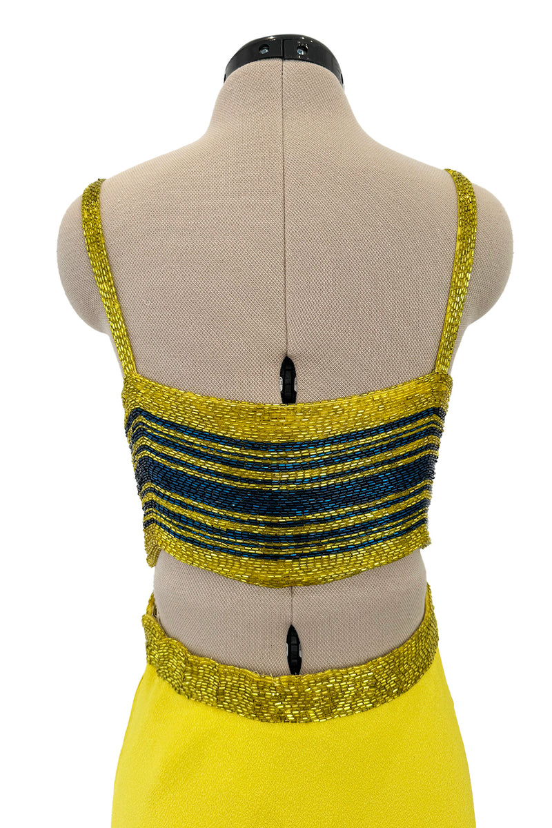 Exceptional 1960s James Galanos Yellow Silk Crepe w Blue & Yellow Beaded Back Cut Out Top