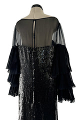 Beautiful 1980s Louis Feraud Glossy Black Sequin Silk Chiffon Dress w Tiered & Ruffled Sleeves