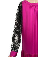 Flapper Inspired 1980s Yves Saint Laurent Easy Fit Brilliant Pink Silk Dress w Black Floral Lace Sleeves