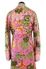 Stunning Fall 1970 Bill Blass Pink Quilted SIlk Floral Pattern Metallic Dress w Banded Waist