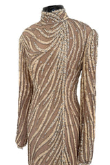 Incredible & Rare 1980s Bob Mackie Well Documented Ivory Sequin & Nude Stretch Net High Slit Dress