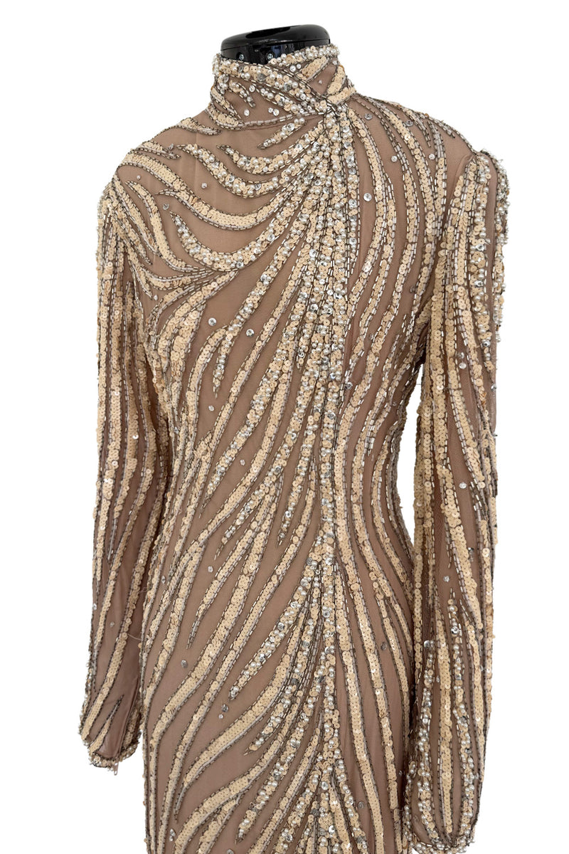 Incredible & Rare 1980s Bob Mackie Well Documented Ivory Sequin & Nude Stretch Net High Slit Dress
