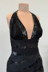 Versace Fall 2006 Black Silk & Sequin Plunge Dress - 14-14.5" W