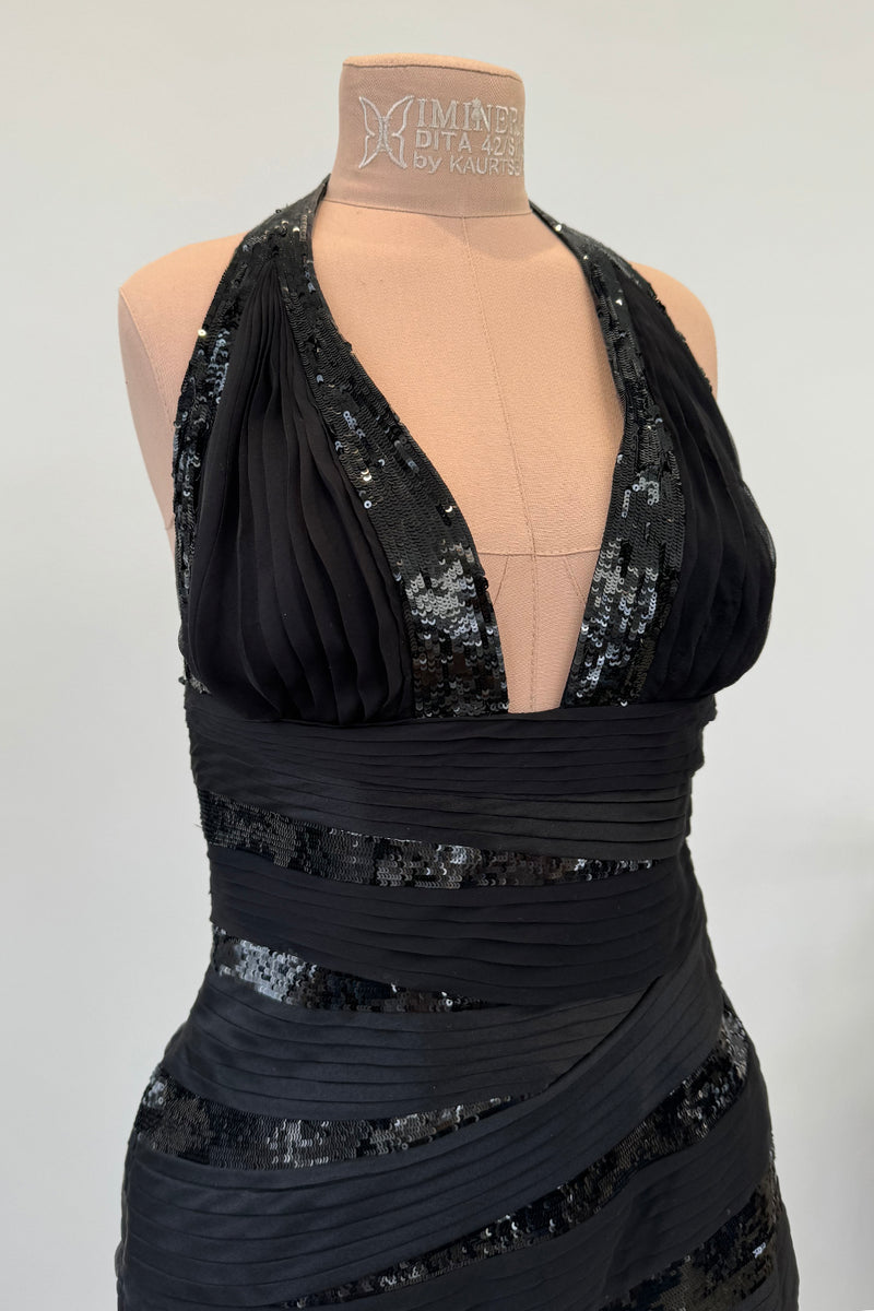 Versace Fall 2006 Black Silk & Sequin Plunge Dress - 14-14.5" W