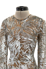 Spring 2018 Michael Kors Runway Look 72 Silver Sequin Dress on Nude Stretch Net w Asymmetrical Hem