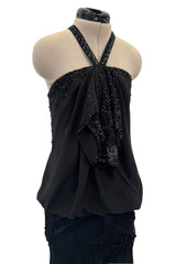 Outstanding Spring 2003 Christian Dior by John Galliano Bias Cut Black Silk Chiffon Dress w Lace Details & Sequin Halter