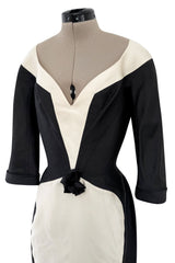 Fall 1995 Thierry Mugler Couture Runway Sculpted Body Shape Black Silk w Ivory Inset Dress