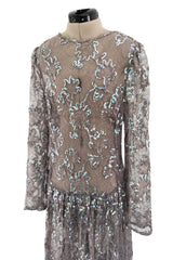 Prettiest 1970s Unlabeled Pale Grey Lace & Blue Grey Glossy Sequin Drop Waist Dress