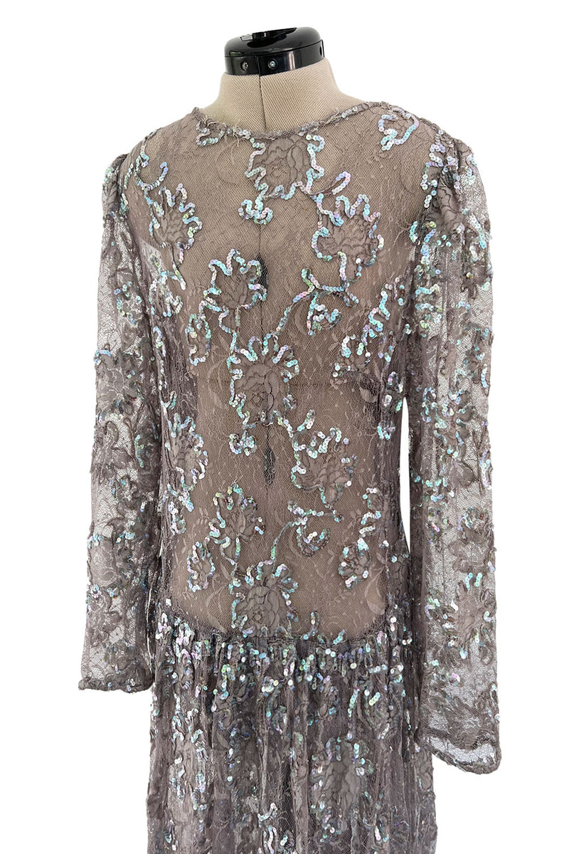 Prettiest 1970s Unlabeled Pale Grey Lace & Blue Grey Glossy Sequin Drop Waist Dress