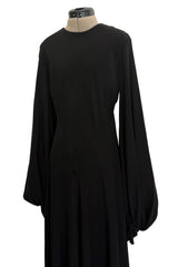 Exceptional 1970s George Stavropoulos Couture Black Silk & Bias Cut Dress w Balloon Sleeves & Flowing Skirt