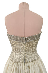 Exceptional 1959 Balenciaga Haute Couture Strapless Ivory Silk Chiffon w Metallic Embroidery