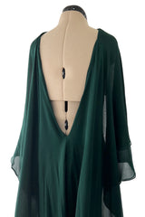 Fall 1975 Beautiful Halston Runway Flowing Deep Green Silk Chiffon w Low Back Plunge