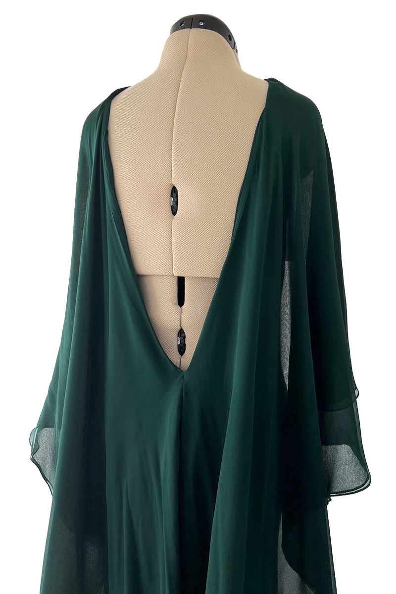 Fall 1975 Beautiful Halston Runway Flowing Deep Green Silk Chiffon w Low Back Plunge