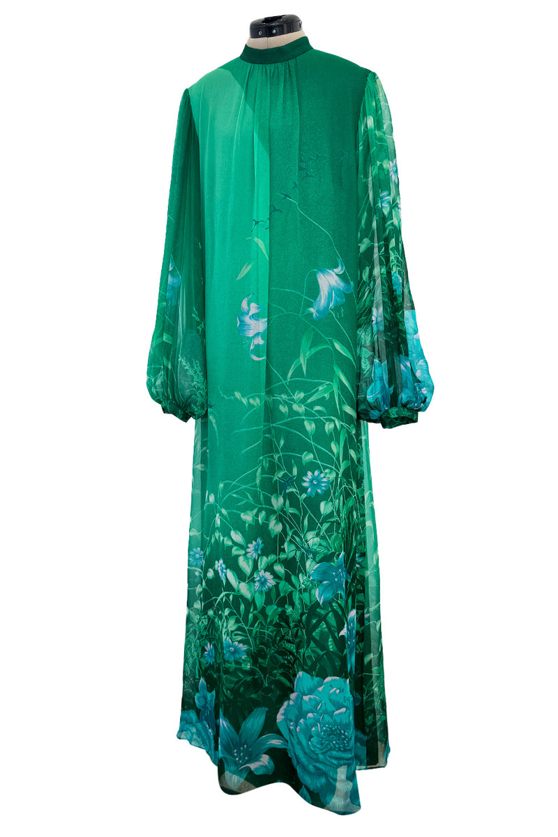 Stunning 1970s Hanae Mori Green Extensive Floral Print Green Silk Chiffon Dress w Balloon Sleeves & Belt