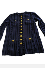 Fantastic 1980-90s Louis Feraud Deep Blue Cable Knit Cardigan Sweater w Metal Gold Tone Buttons
