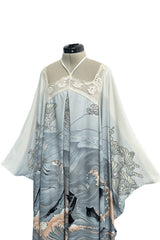 Outstanding 1970s Jean Varon Crane & Ocean Print Jersey Caftan Dress w Hand Crocheted Collar