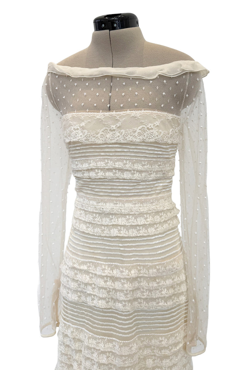 2012 Valentino by Pierpaolo Piccioli & Maria Grazia Chiuri Tiered Ivory Lace Net Dress w Sequin & Bead Detailing