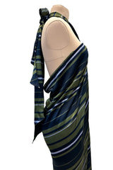 Gorgeous 2014 Lanvin by Alber Elbaz Deep Green & Navy Silk Striped Sarong Dress w Tie Halter