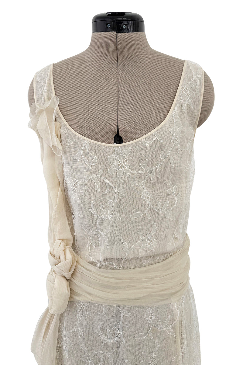 Fall 2007 John Galliano Ivory Silk Chiffon & Lace Dress w Silk Rosettes