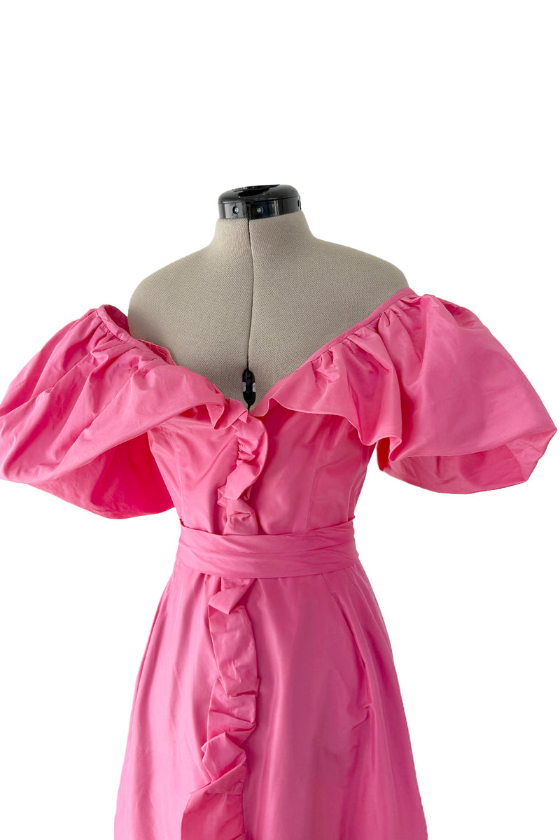 1980s Unlabeled Demi-Couture Pink Silk Dress w Ruffled Front & Caped Shoulders