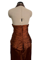 Chic 2000s Gianni Versace Bronze Gathered Silk Bodice Dress w an Elaborately Beaded Cut Out Front & Sweepimng Back