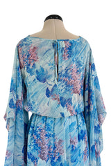 Dreamy 1970s Pierre Cardin Blue Floral Print Silk Chiffon Dress w Long Angel Sleeves