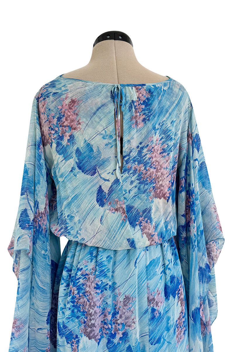 Dreamy 1970s Pierre Cardin Blue Floral Print Silk Chiffon Dress w Long Angel Sleeves