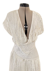 Prettiest 1970s Lillie Rubin Ivory Fully Sequinned & Applied Tube Beads on Silk Chiffon Dress