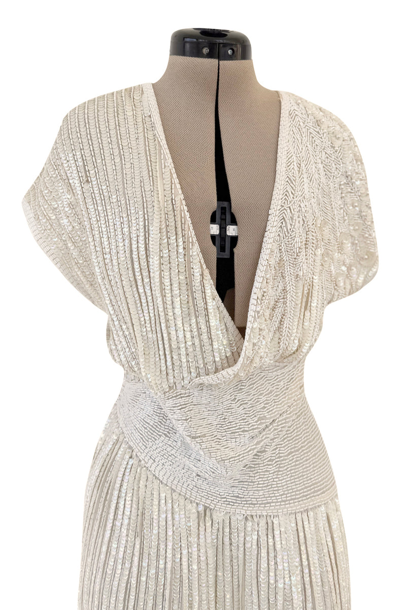 Prettiest 1970s Lillie Rubin Ivory Fully Sequinned & Applied Tube Beads on Silk Chiffon Dress