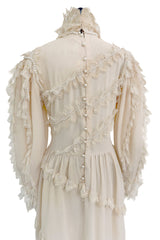 Incredibly Rare Fall 1979 Chloe by Karl Lagerfeld Couture Runway Ivory Chiffon & Lace Dress w pearl Details