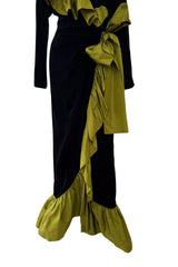Amazing Fall 1984 Yves Saint Laurent Runway Black Velvet Wrap Dress w Olive Silk Taffeta Ruffles