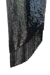 Museum Held 1974 Bill Blass One Shoulder Glossy Black Sequin Dress w Asymetrical Fringe Hem