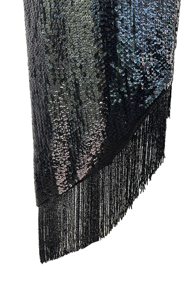 Museum Held 1974 Bill Blass One Shoulder Glossy Black Sequin Dress w Asymetrical Fringe Hem