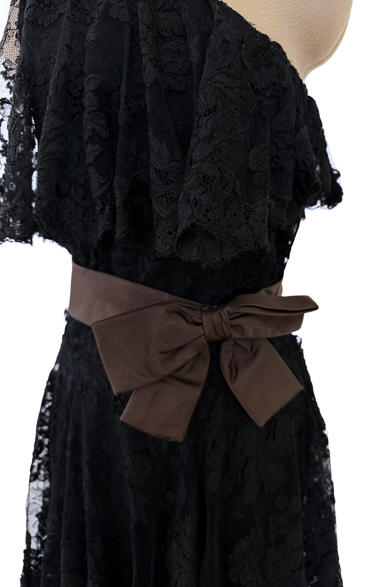 Incredible 1960s Donald Brooks Black Lace Tiered One Shoulder Jumpsuit w Wide Legs & Belt