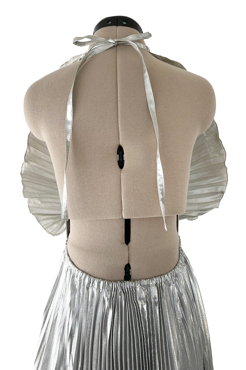 Exceptional 1970s Roland Klein Metallic Silver Lame Pleated Fan Dress w Completely Open Bare Back